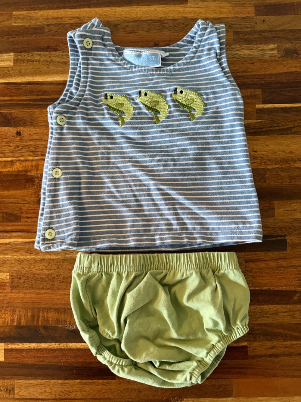 Striped Blue Tank & Green Fish Bloomers Kids Matching Set